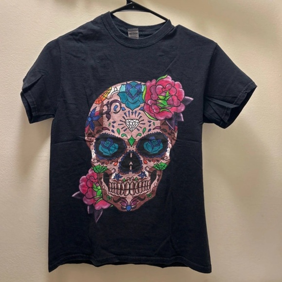 Gildan Tops - Woman’s Black Sugar Skull Graphic Tee with Pink & Blue Floral Accents